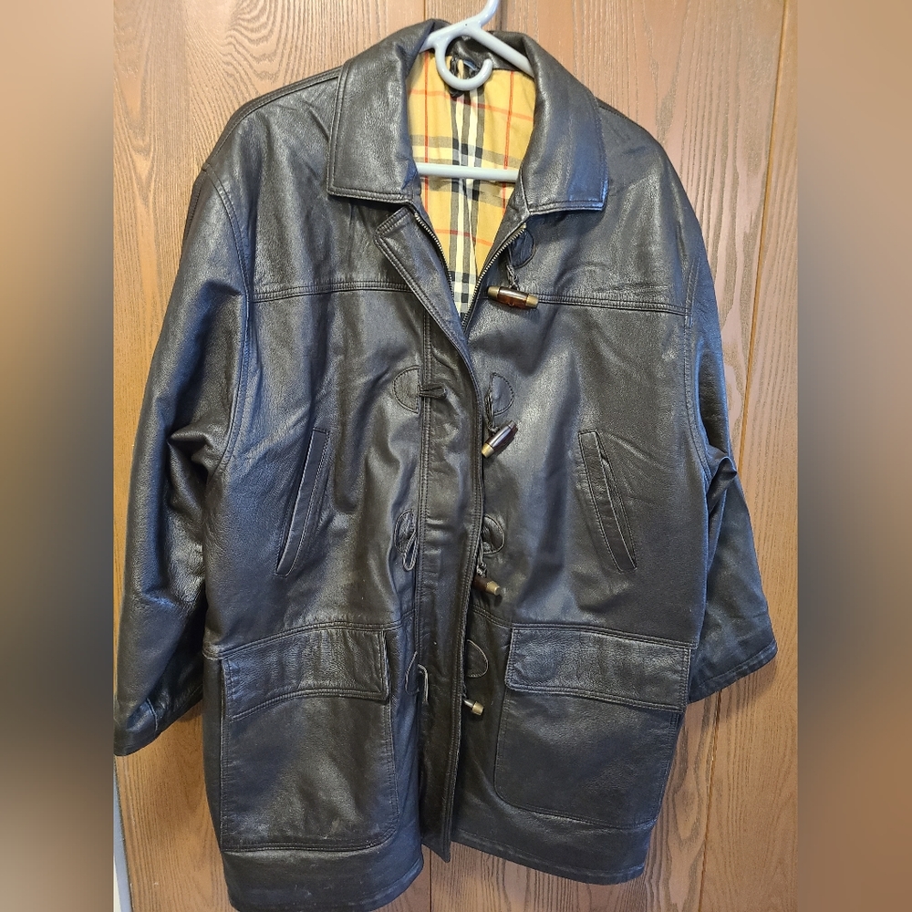 Vintage Burberry Brown Leather Coat - Size 14